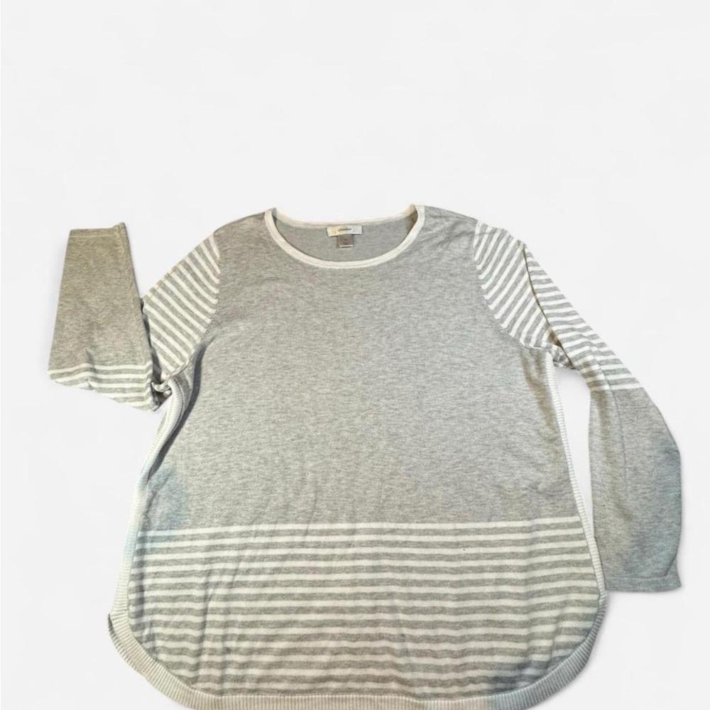 CJ Banks Heather Gray and Ivory Striped Sweater